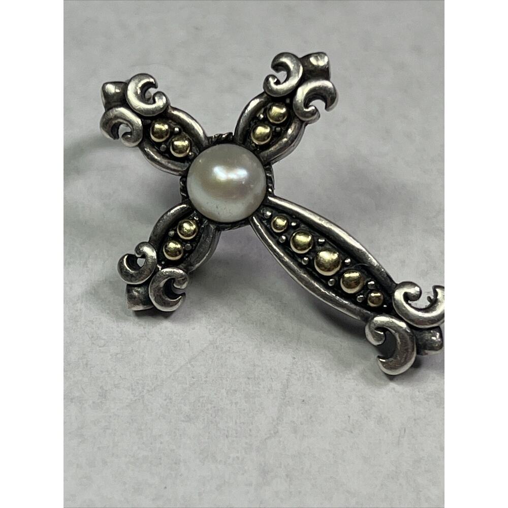 EFFY 18k And Sterling Silver Cross Crucifix Pendant Faux Pearl No Necklace RARE - Picture 12 of 12